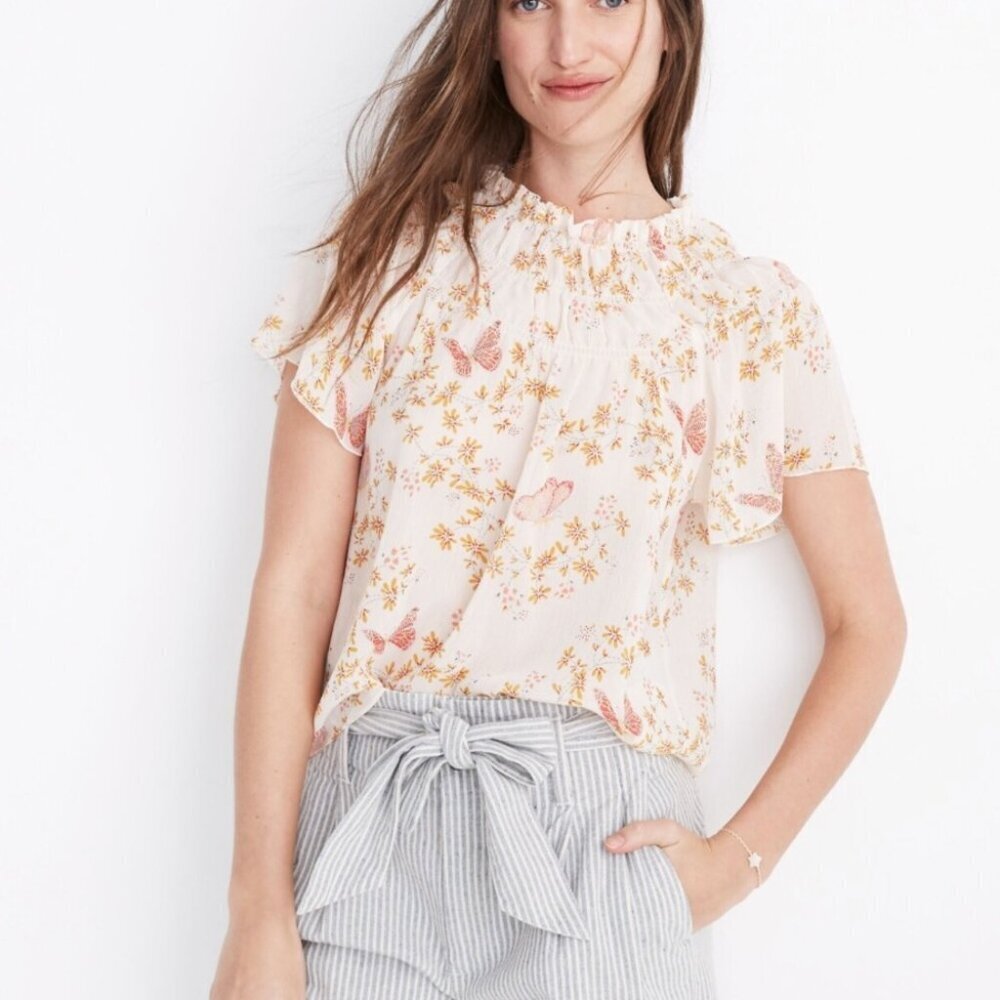 Madewell Smocked Mockneck Blouse Top in Butterfly Sanctuary